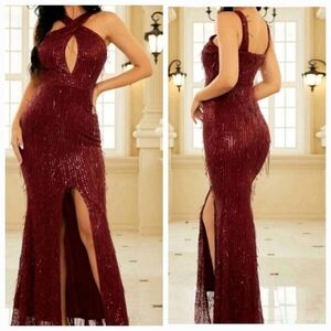 Burgundy Cami, Split Thigh, Sleeveless,  Sequined Gown